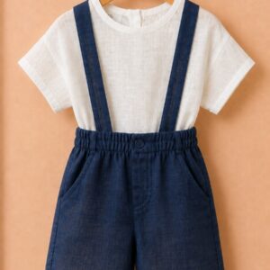 Piccoli Principi- Bermuda con bretelle lino blu