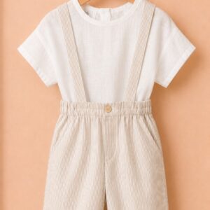 Piccoli Principi- Bermuda con bretelle millerighe lino beige