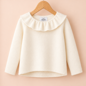 Piccoli Principi-Pull cashmere light con collo a petalo panna