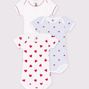 Petit Bateau-Body MC con stampa a cuori e riga azzurra