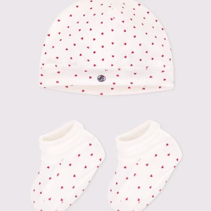 Petit Bateau-Cuffietta e scarpine con cuori in cotone